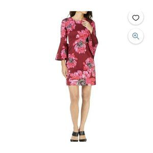 Trina Turk Splendid Dress Size 4 Bell Sleeve Fit Flare Burgundy Red Floral Luxe